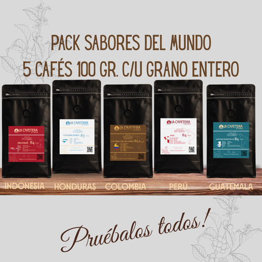 Pack Cafés del Mundo formato GRANO entero 5x100 gr. c/u (500 gr.)