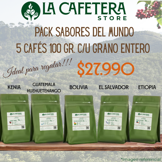 Pack Cafés del Mundo formato GRANO entero 5x100 gr. c/u (500 gr.)