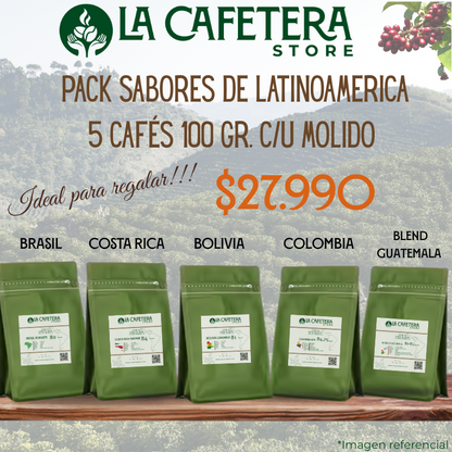 Pack Cafés de Latinoamérica formato grano MOLIDO 5x100 gr. c/u (500 gr.)