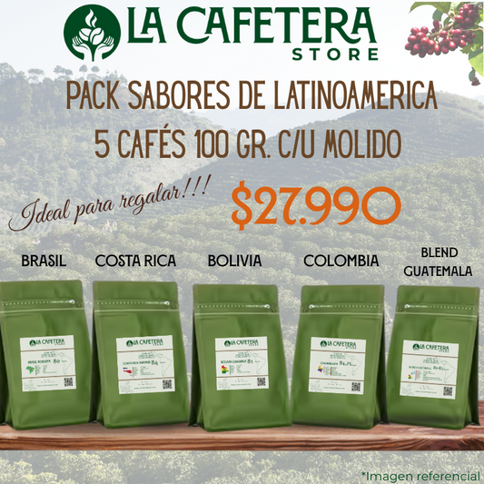 Pack Cafés de Latinoamérica formato grano MOLIDO 5x100 gr. c/u (500 gr.)